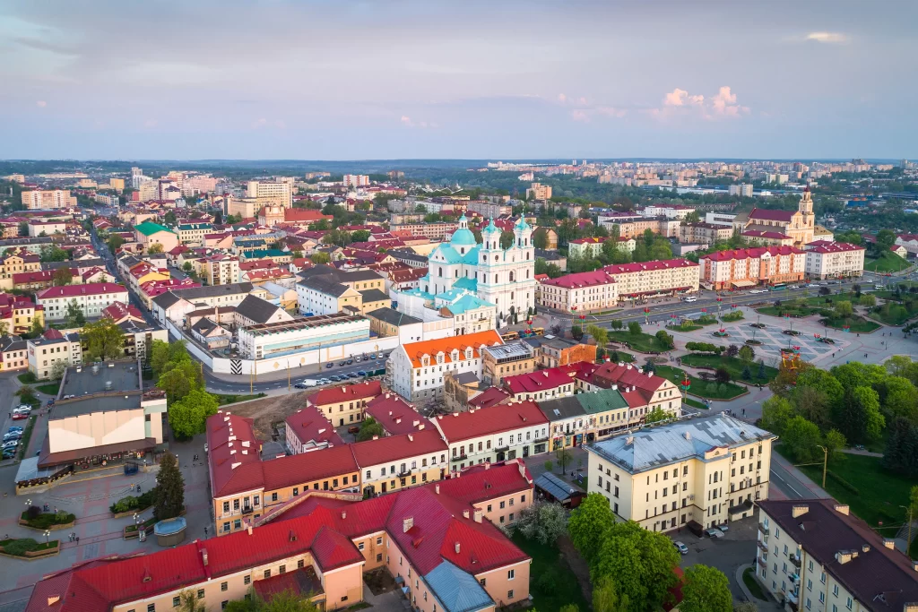 Вид с воздуха на центр Гродно, Беларусь