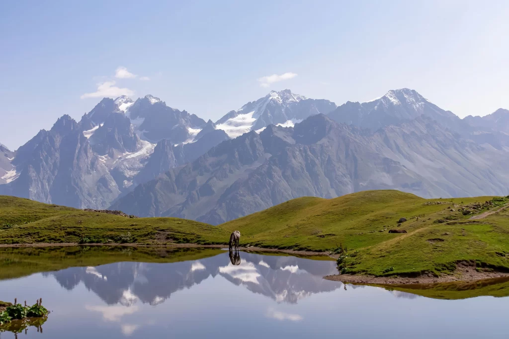 Лошадь у озера Корульди в Верхней Сванетии, Грузия