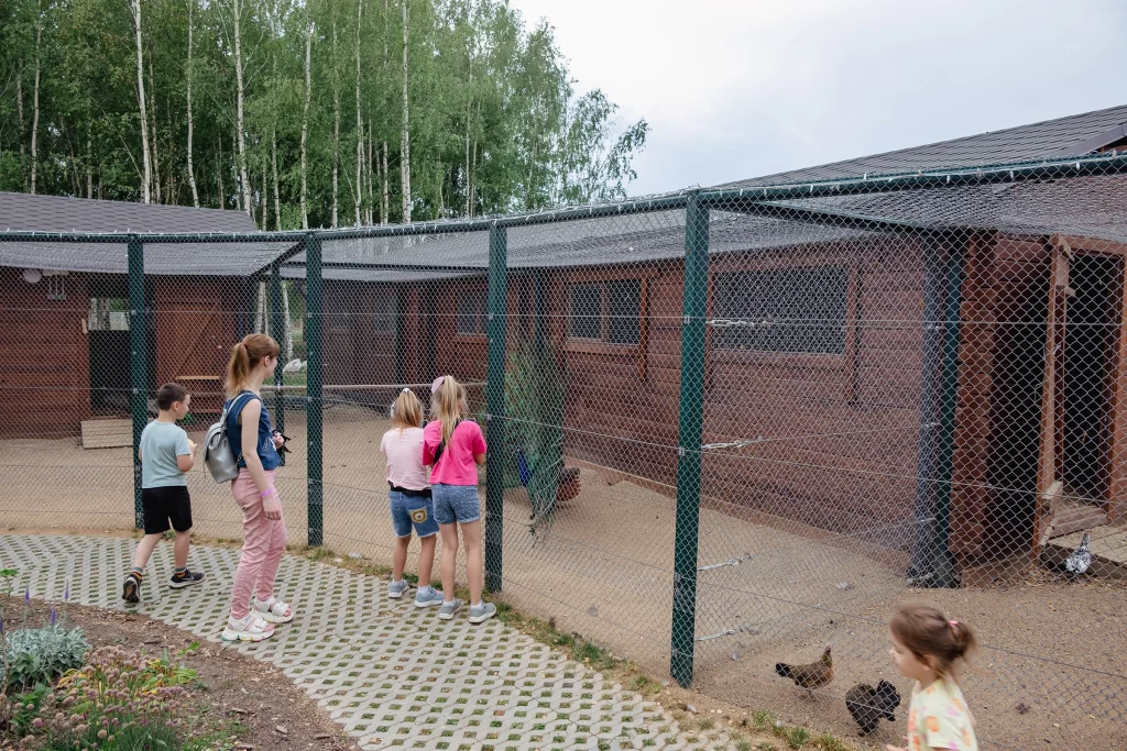 Дети около клетки с павлином в экопарке "Акварель", Беларусь