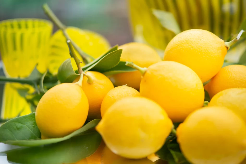 Лимоны с листьями на зеркальном столе