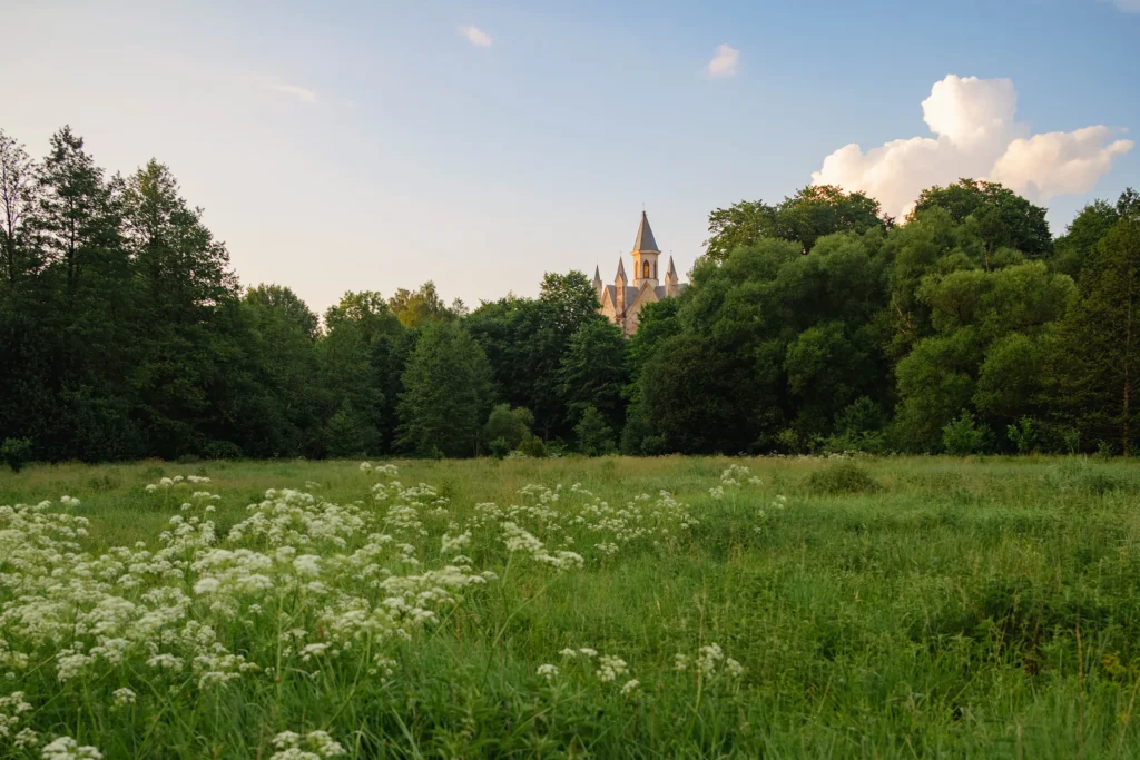 Вид на костел Божьего Тела с противоположного берега реки Усы, Богушевичи, Беларусь